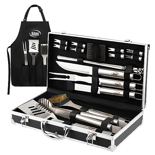 Kaluns Grilling Accessories, Dad Gifts for Fathers Day Grilling Gifts, Heavy Duty Stainless Steel BBQ Grill Tools Set for Outdoor Grill with Aluminum Case and Apron, Dad Birthday Gifts for Men Husband