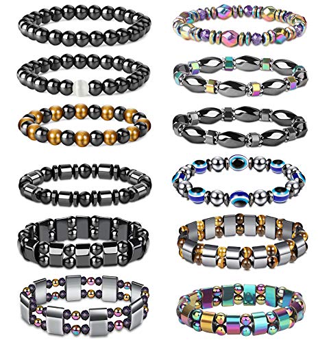 CASSIECA 12 Pcs Hematite Magnetic Bracelet for Men Women Reiki Bracelet Tiger Eye Rainbow Beaded Stone Bracelets Set