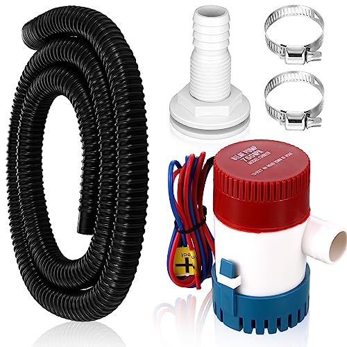 Lounsweer 5 Pcs Bilge Pump Plumbing Kit Including Electric 12v Boat Bilge Water Pump PVC 2 Hose Clamps ThruHull Fitting, 1-1/8-inch(750gph,Black)