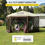 VEVOR Pop Up Gazebo Screen Tent, Pop-Up Instant Gazebo Tent with Mosquito Netting Outdoor Canopy, 6 Sided Sun Shelter 10x10ft with 6 Removable Wind Cloths & 2 Mesh Windows, Pavilion Tent for Patio