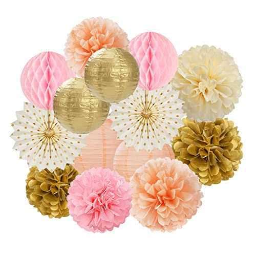 Pink Peach Gold Party Decorations - 14pcs Bridal Baby Shower Girls Birthday Paper Lanterns Fan,Tissue Pom Poms Streamers,Honeycomb Balls,Engagement Wedding Bachelorette Brunch Decor Lasting Surprise