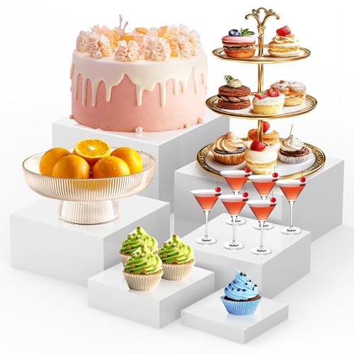 Ngdiluxury 6Pcs Buffet Risers,Food Risers for Buffet Table Display Stand Shelf for Party Catering Desset Jewelry Collectibles Acrylic Cube Boxes Display Nesting Risers with Hollow Bottoms White