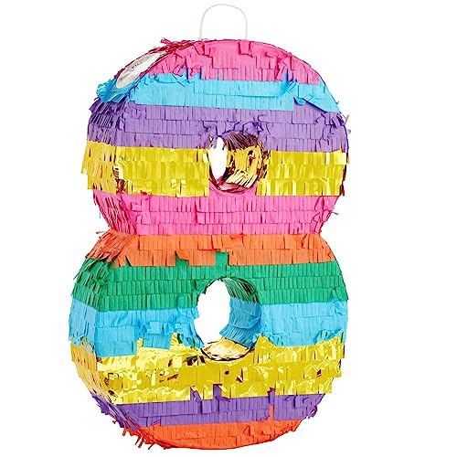 Rainbow Number 8 Pinata for 8th Birthday Party Supplies, Fiesta, Anniversary Celebration (Small, 11.4 x 16.5 x 3 inches)