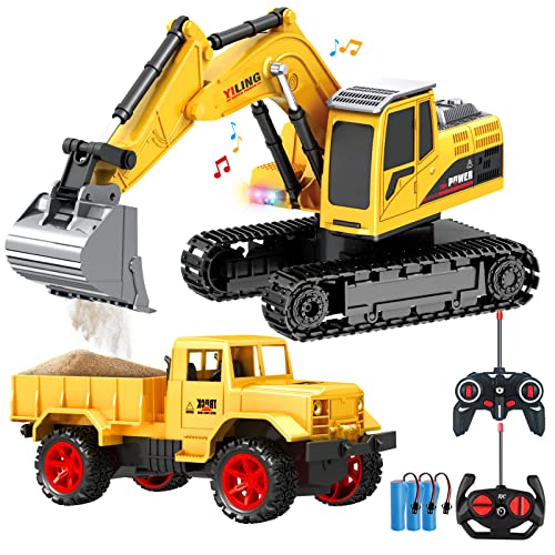 Remote Control Excavator & Dump Truck Toy for Kids(Set of 2) with Lights and Sounds,Construction Vehicles RC Trucks Toys for Boys Kids 3 4 5 6 7 8 9 10 Year…