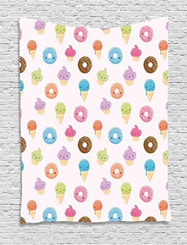Lunarable Kawai Tapestry, Cartoon Style Pattern of Cupcakes Ice Cream and Donuts with Sprinkles, Wall Hanging for Bedroom Living Room Dorm Decor, 60" X 80", Pale Peach Multicolor