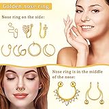 Junkin 12 Pieces Nose Rings with Chain Stainless Steel Nose Cuff Fake Septum Ring Hoop Non Piercing Gold Jewelry for Women and Men