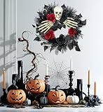 Halloween Skull Wreath with Hands, Red and Black Artificial Roses and Plants, 16 Inch Gothic Garland Creepy Decor for Home Front Door and Window