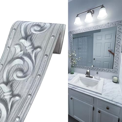 Yija PVC Self Adhesive Silver 3D Flowers Waterproof Wall Border Decor Removable Kitchen Bathroom Tiles Stciker 4 x196.8 inch