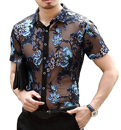 Yonititeee Mens Flower Embroidery Fishnet See Through Lace Short Sleeve Shirt Black Chest 39"