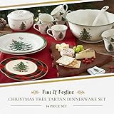 Spode Christmas Tree 16-Piece Tartan Dinnerware Set (Service for 4) - Festive Holiday Tableware Collection with Plates, Bowls, Mugs - Porcelain Christmas Dinnerware - Microwave & Dishwasher Safe