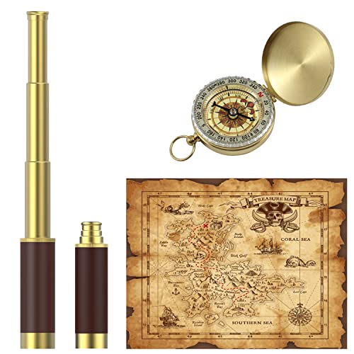 Pirate Monocular Telescope with Treasure Map Pocket Compass - Collapsible Spyglass for Party Accessory Set