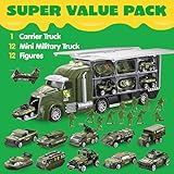 JOYIN 25 in 1 Green Military Big Truck Toys, Army Men Tanks Set with Soldier Men, Mini Battle Car Toy in Carrier Truck with Lights and Sounds, Gifts for Toddler Kids Boys Ages 3+