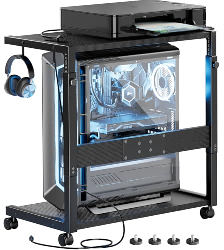 JANE EYRE PC Tower Stand - Adjustable Computer Tower Stand with Charging Station CPU Holder with Wheels for Home Office Gaming, Upgraded Larger Size 25.9" to 34.9" Height