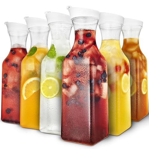 Plastic Juice Carafe with Lids (Set of 6) 50 oz Carafes for Mimosa Bar, Drink Pitcher with Lid, Water Bottle, Milk Container, Clear Beverage Containers for Fridge, Pantry Storage, Square Pitchers