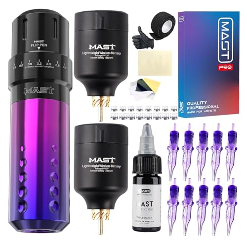 Mast Tattoo Gun Kit Flip Wireless Tattoo Machine 7 Strokes Length Tattoo Kit 2 Batteries Power Supply 20 Pro Tattoo Needles Cartridges Purple Color