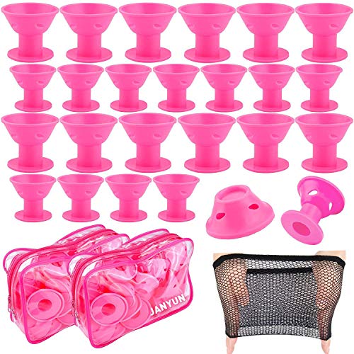 JANYUN 80 Pcs Magic Silicone Hair Rollers Overnight Curlers with Hairnet Include 40pcs Large Silicone Curlers 40pcs Small Silicone Curlers (pink)