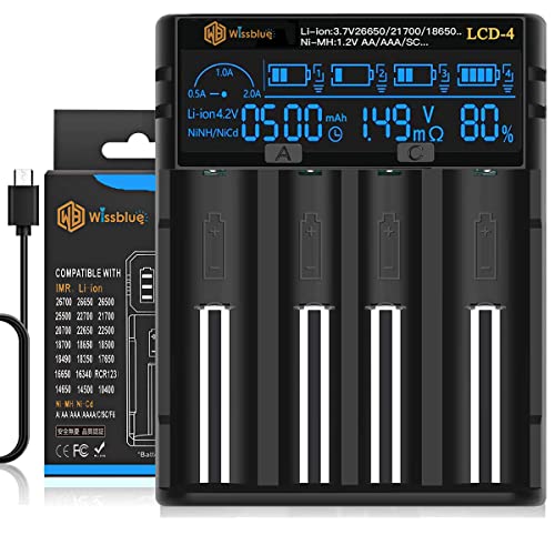 WISSBLUE 18650 Battery Charger, LCD Screen Can Display Capacity, Adjustable 2A 18650 Charger, Suitable for 26650 21700 18350 17500 14500 18650,NiMH NiCd AAA AA