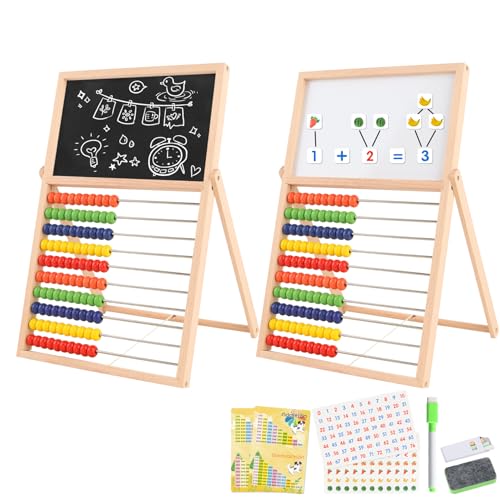 Ranqibo Wooden Abacus for Kids Math - Double-Sided Blackboard Whiteboard Magnetic Abacus for Toddlers 1-3 with 100 Magnetic Number & Fruit Stickers - Educational Counting Games Kids Gift