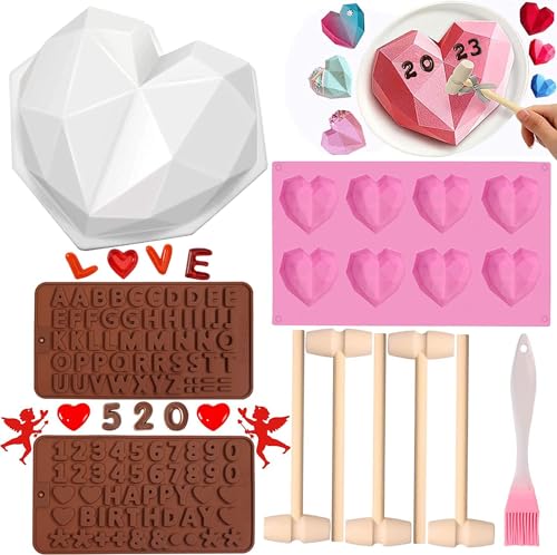 10pcs Valentines Heart Silicone Molds, Large Breakable Heart Mold for Chocolate with Hammer, 8 Cavity Diamond Heart Shaped Silicone Molds for Valentines Candy Making