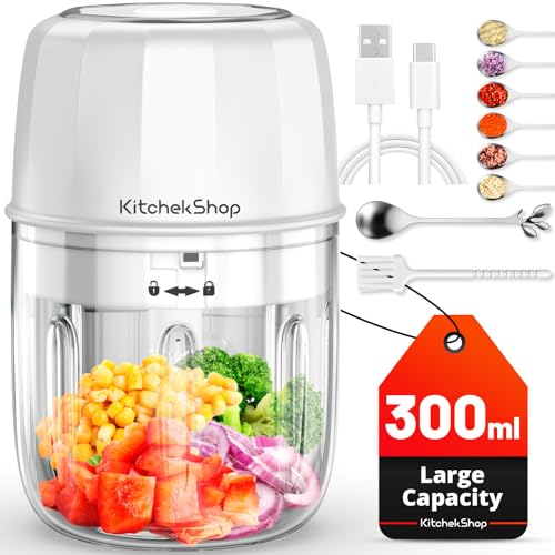 KitchekShop Electric Garlic Chopper, 300ML Portable Cordless Mini Food Processor, Rechargeable Vegetable Chopper Blender for Nuts Chili Onion Minced Meat and Spices BPA-Free(White)