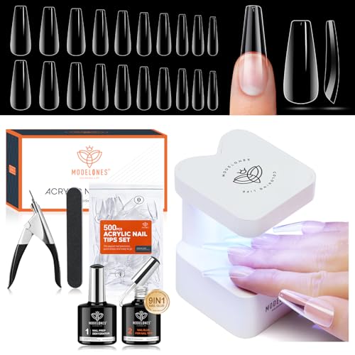 modelones Gel x Nail Kit, Nail Tips and Glue Gel Kit with Nail Glue Gel, 500Pcs Long Coffin Nail 10Sizes, Nail Dehydrator, Ultra-Portable LED Nail Lamp, Gel Nail Extension Kit Salon Gifts for Women