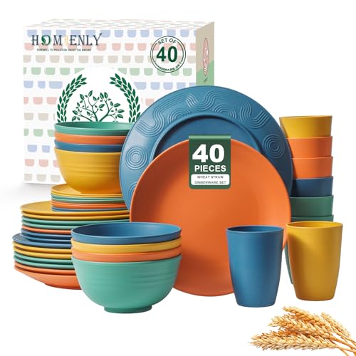 Homienly 40-Piece Premium Wheat Straw Dinnerware Sets, Service for 8, Unbreakable Plates and Bowls Set - Cups Sets, Dinner Plates, Bowls for Kitchen,Dishwasher and Microwave Safe Dishes Set - Multi