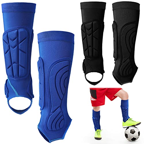 2 Pairs Soccer Shin Guards Kids, Football Ankle Protector Socks, Youth Shin Pads Protective Soccer Accessories, Football Equipment with Leg and Ankle Guard Pad for 6-12 Boy Girl Teenager, Blue Black