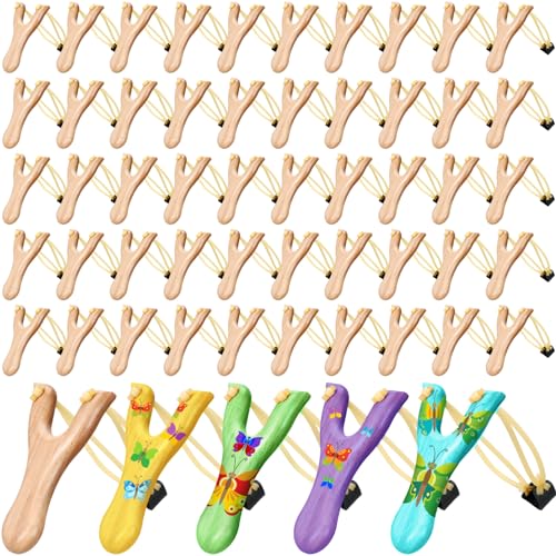Shappy 50 Pcs Wooden Slingshot Toy Hunting with Rubber Band Wood Slingshots for Adults Shooting Catapult Game Outdoor Sports Camping Hiking (Brown)
