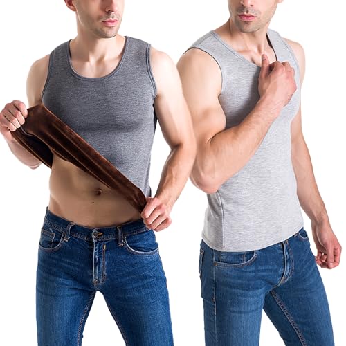Flygo 2 Pack Thermal Tank Top Men Winter Warm Fleece Lined Underwear Sleeveless Vest Undershirt(Dark+LightGrey-XL)
