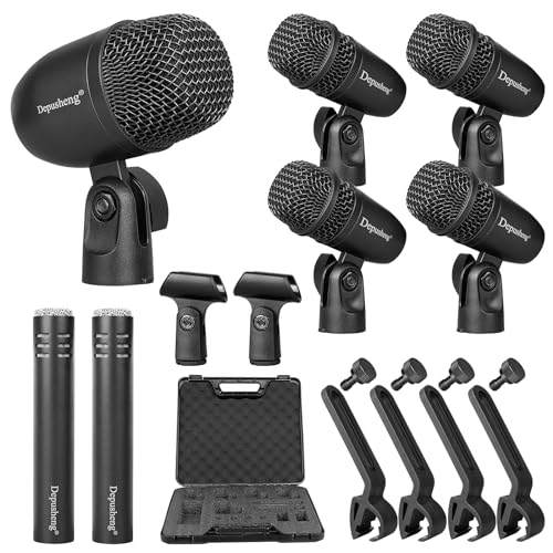 Depusheng 7-Piece Drum Microphone Set with 5 Dynamic Percussion Microphones and 2 Condenser Percussion Microphones Ideal for Instrument Recording and Music Production