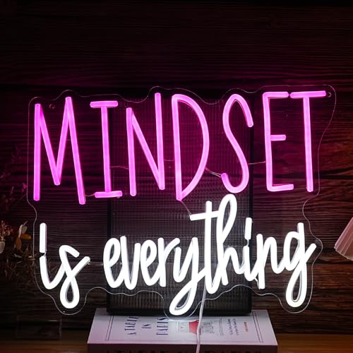 BNEMCEZH Mindset is Everything Neon Sign Dimmable Inspirational LED Light Up Sign for Wall Decor USB Powered Positive Quotes Motivational Neon Light for Office School Home Led Decor (Pink White)