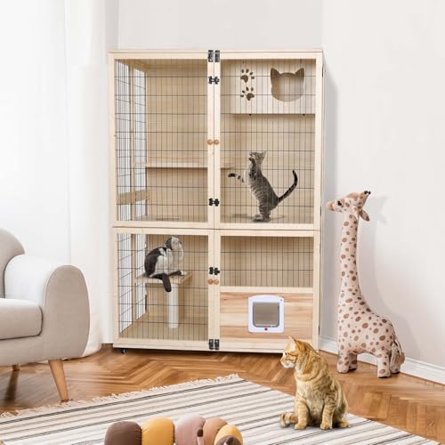 PANTAZO Wooden Cat House Large Space Cats Cage with Scratching Post and Lockable Wheels Double Layer with Escape Door Outdoor/Indoor (Extra Large)