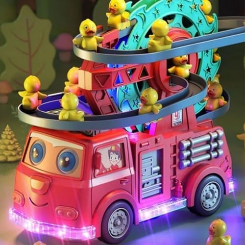 Duck Climbing Slide Music Toy Truck, Electric Duck Climbing Stairs Toy, Duck Stair Climber Toys, Electric Race Track Game Fun Track Slide Roller Coaster Toys for Children's Gifts (Red)