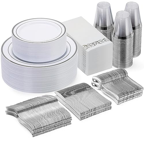 Goodluck 350 Piece Silver Dinnerware Set for 50 Guests, disposable Plastic Plates for Party, Include: 50 Dinner Plates, 50 Dessert Plates, 50 Paper Napkins, 50 Cups, 50 Silverware set