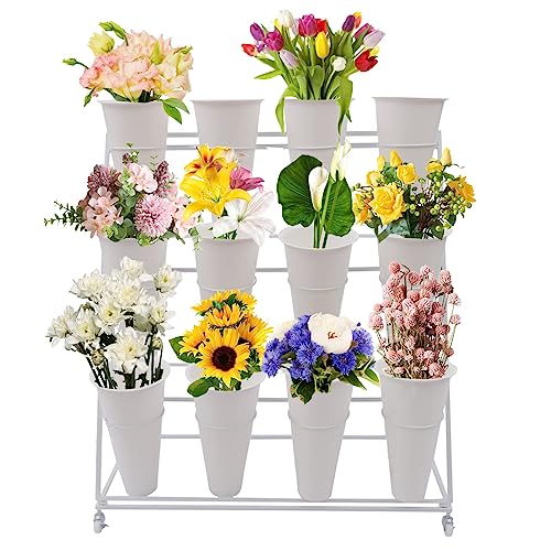 amhricho Flower Display Stand with wheels, Indoor and Outdoor Iron Plant Stand, 3 Layers of 12 Barrels Removable Multifunctional Display Stand, Can Be Used in Garden, Balcony, Weddings, Yard (WHITE)