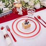 I00000 350 Pcs Clear and Red Plastic Plates,Valentines Disposable Dinnerware Set, Include 50 Dinner Plates 10.25'', 50 Dessert Plates 7.5'',50 Red Rim Cups,50 Per Rolled Napkins with Plastic Cutlery