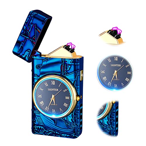 TIKIUKI Electric Lighters - Rechargeable USB, Windproof, Flameless Plasma Dual Arc, Metal Cool Lighters with Clock Dial for Candle, Candlestick (Blue)