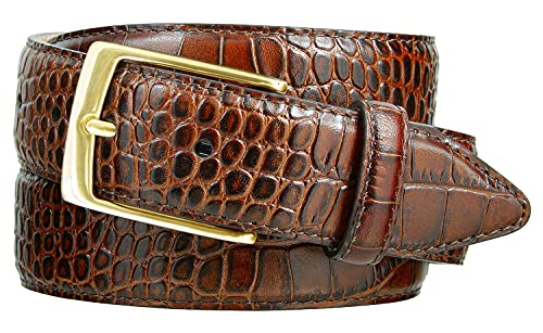 Joseph Gold Buckle Men's Designer Leather Dress Belt 1-3/8" Wide (Alligator Brown, 36)