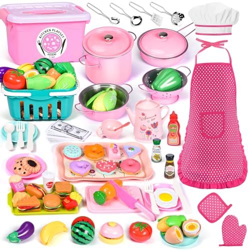 121Pcs Play Kitchen Accessories, Kids Kitchen Playset, Pretend Play Food Tea Party Set, Toy Kitchen Kids Cooking Real with Apron＆Chef Hat, Utensils Cookware Pots＆Pans, Toy Organizer, Toddler Toys Gift