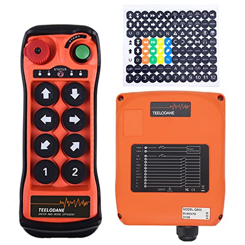 Q800 Industrial Wireless Crane Remote Control kit 4 Motion 8 Button 110V 220V 380V Electric Lift Hoist Overhead Tower Bridge Transmitter Receiver with Emergency Stop (AC 110-460V)