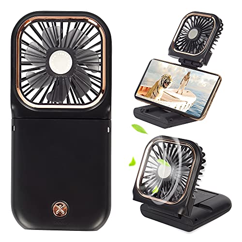 Portable Mini Fan - 5 in 1 with Power Bank, Phone Holder, Handheld & Desk Fan - USB Rechargeable, 3000 mAh Power Bank, 3 Speed Adjustable, Neck Lanyard - Black