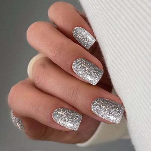 Silver Glitter Press on Nails Short Square Fake Nails Glossy Squoval False Nails with Designs Solid Color Acrylic Nails Set White Glitter Full Cover Glue on Nails for Women Nails Art Decoration 24Pcs