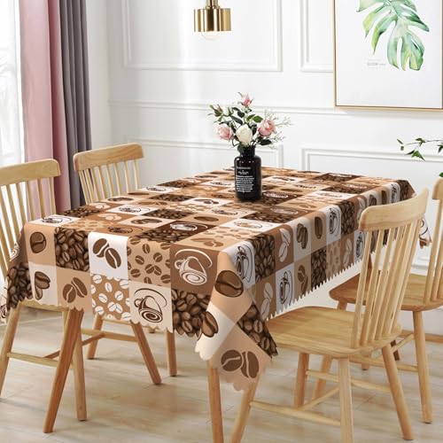 Laeacco 78x54 inch Coffee Beans Print Tablecloth, Coffee Cup Hand Drawn Sketch Rectangle Tablecloth Rerto Plaid Waterproof Home Table Cloth for Dining Room Kitchen Coffee Shop Table Decor