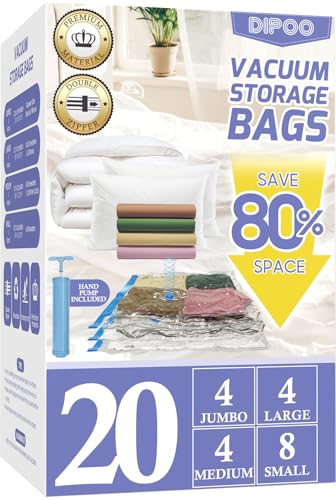 20 Pack Vacuum Storage Bags with Hand Pump, 4 Jumbo/4 Large/4 Medium/8 Small 80% Storage Space Saving, Sturdy Leak-Free Space Saver Vacuum Seal Bags for Clothing, Vacuum Compression Bags for Travel