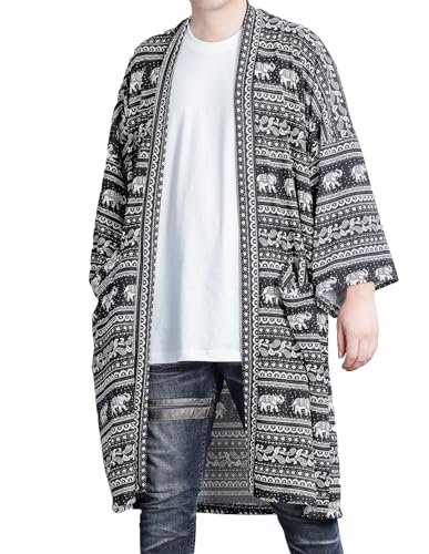 Men's Long Print Kimono Cardigan Oversize Noragi Jacket Unisex Japanese Style Haori Sweater Yukata Robe (Black - Thai Elephants)