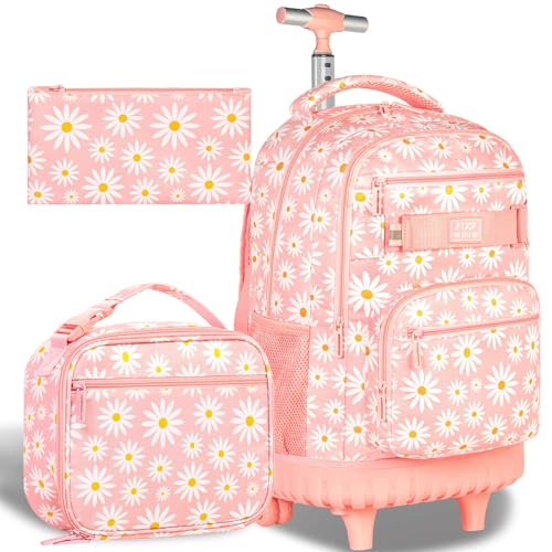 AGSDON Rolling Backpack for Girls, Women Roller Wheels Bookbag, Laptop Daisy Wheeled School Bag with Wheels for Teens