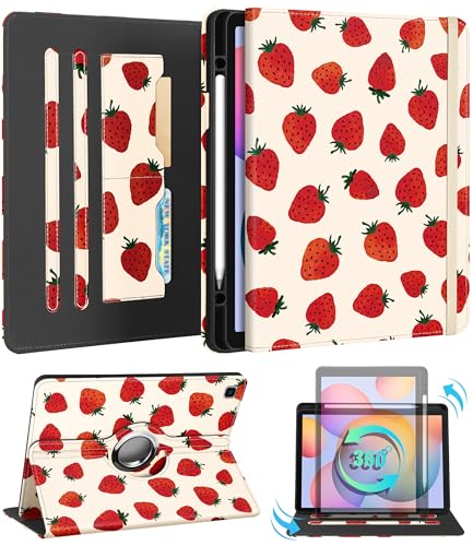 Kidcube for Samsung Galaxy Tab S6 Lite Case 10.4 Inch 2024/2022/2020 - Women Girls Cute Rotating Stand Folio Cover with Pencil Holder & Card Slot Girly Pretty Strawberry Design Cases for Tab S6 Lite