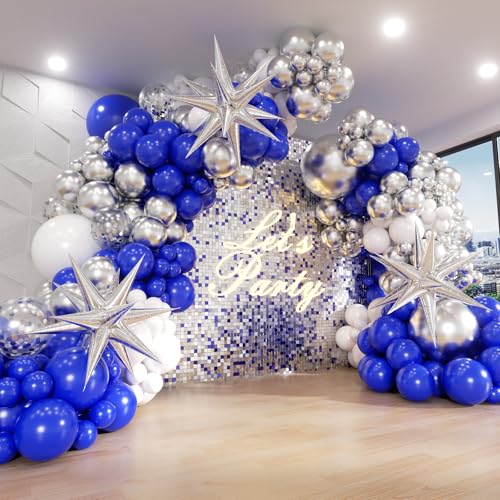 FOTIOMRG 131pcs Royal Blue and Silver Balloon Arch Garland Kit, Royal Blue White Silver Confetti Balloons for Wedding Graduation New Year Retirement Birthday Party Decorations