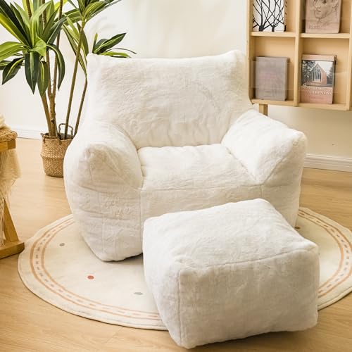 Cvortll Bean Bag Chair with Ottoman, Armrest Bean Bag Chair with Filler, Ultra Soft Fluffy Faux Fur Bean Bag Chair with Foot Rest, Plush Lazy Sofa with Foot Stool for Living Room, Dorm