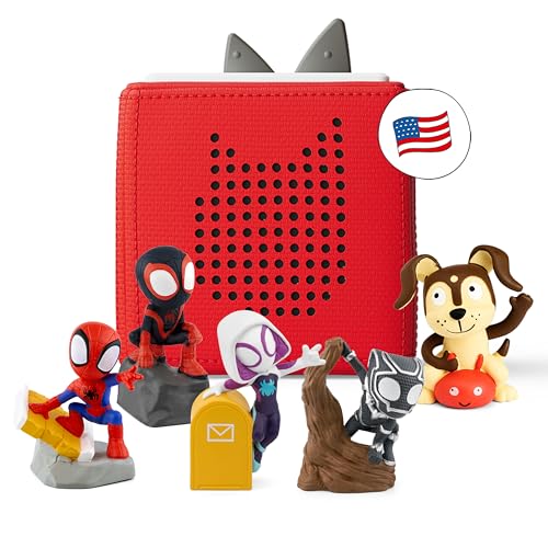 Tonies Toniebox Audio Player Starter Set with Spidey, Ghost-Spider, Spin, Black Panther, and Playtime Puppy - Ages 3+, Listen, Learn, and Play with One Huggable Little Box - Red